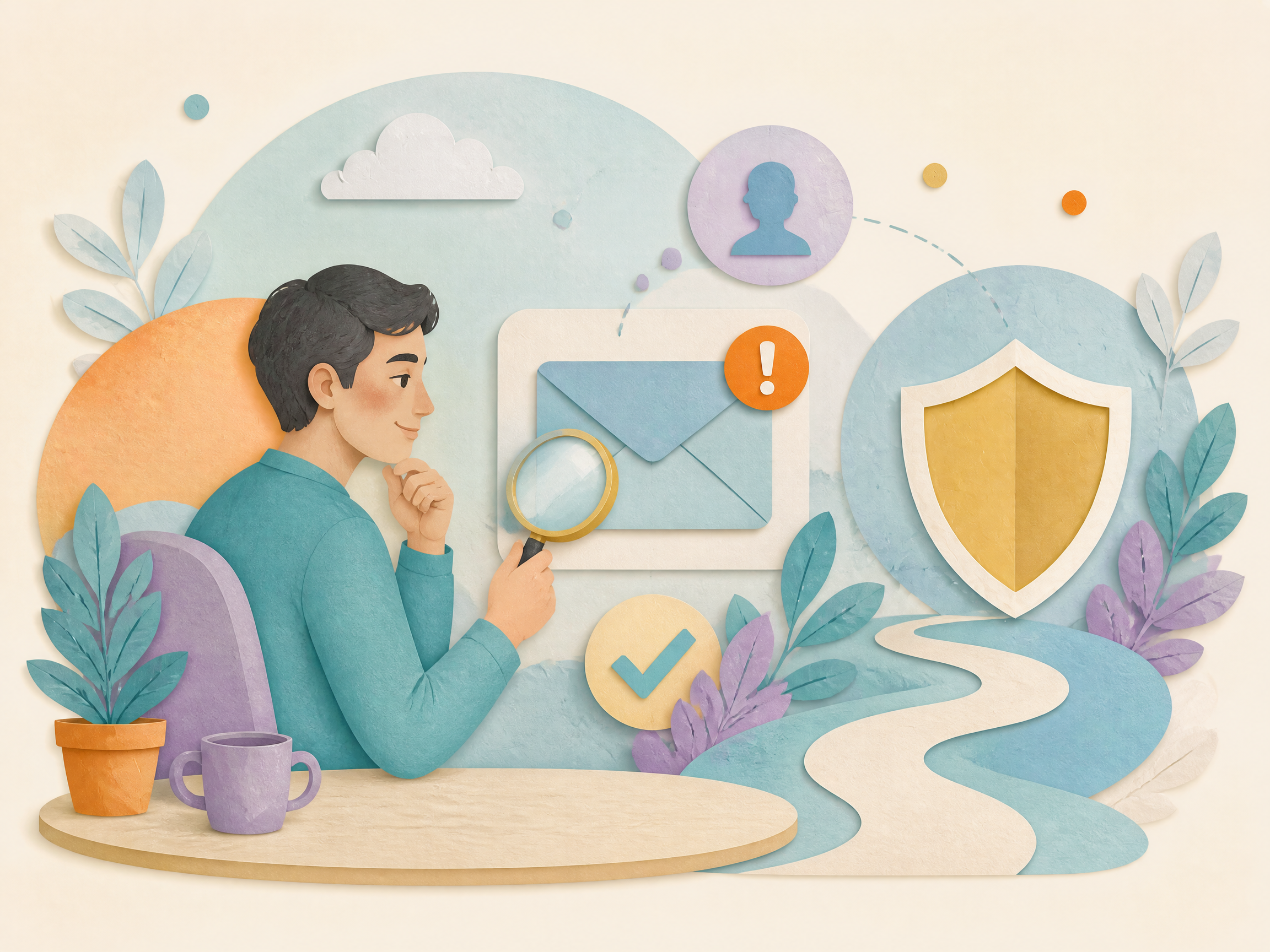 Illustration d’une personne examinant calmement un message douteux avant de cliquer.
