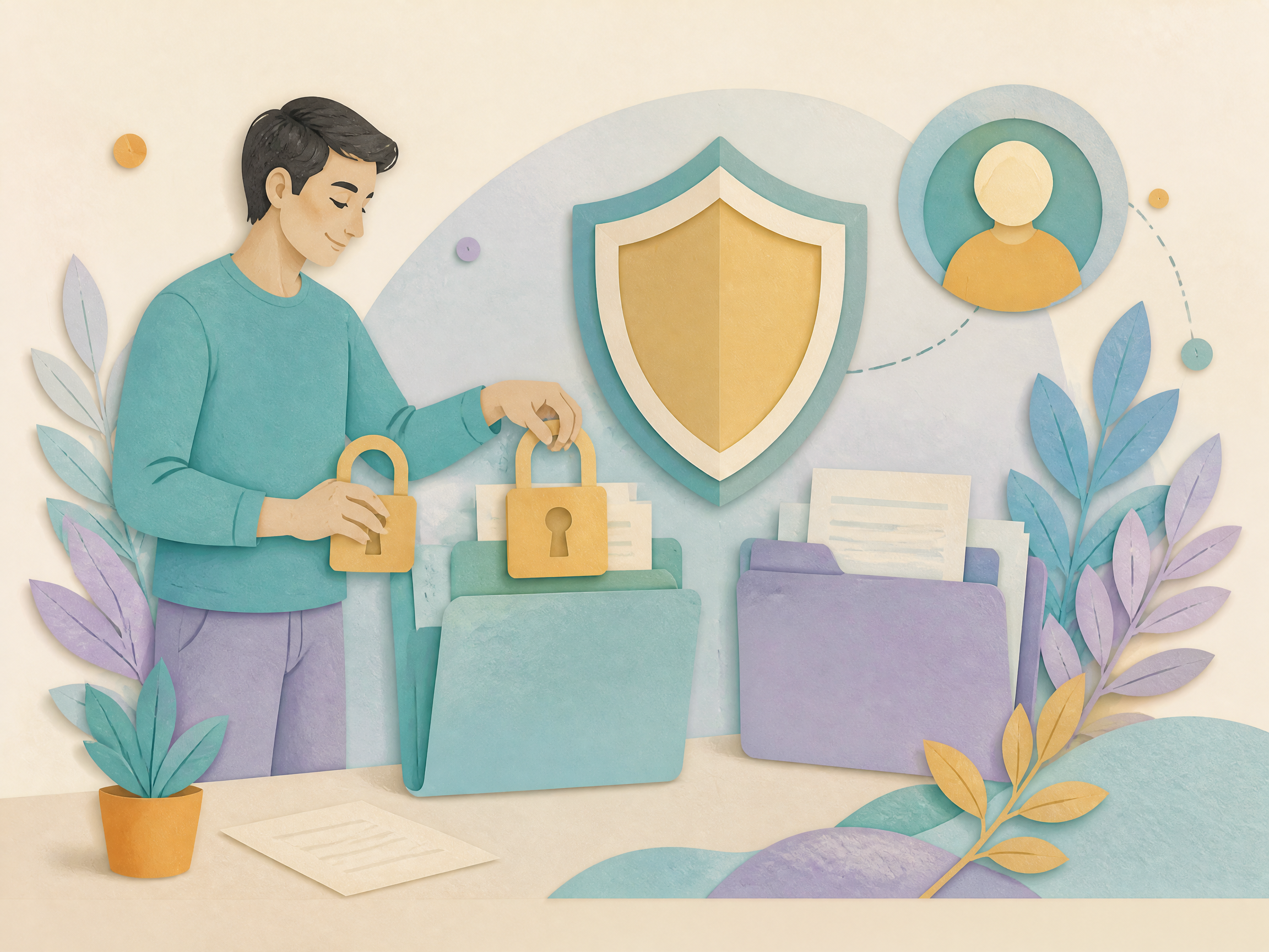 Illustration d’une personne protégeant deux dossiers distincts avec des cadenas.